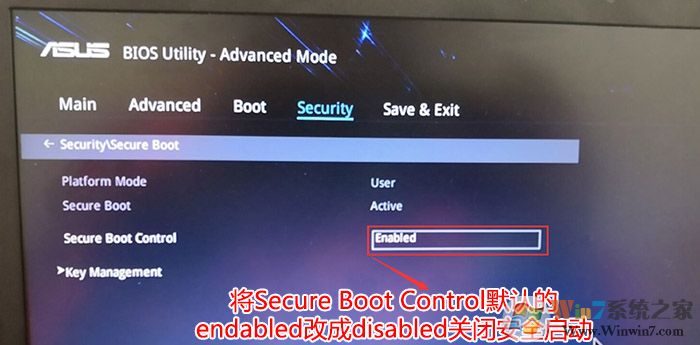 把Secure Boot control選enabled改為disabled關(guān)閉安全啟動