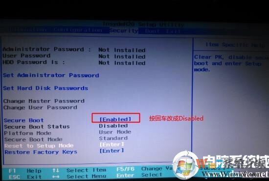 Secure Boot回車設(shè)置成Disabled