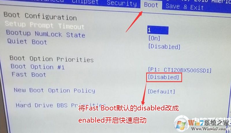 將Fast Boot默認(rèn)的disabled改成enabled，開啟快速啟動,