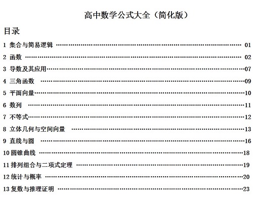 高中數(shù)學(xué)必背公式大全文字版