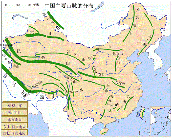 中國主要山脈分布圖簡圖