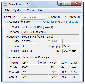 CoreTemp(測量CPU溫度) V1.7 綠色版