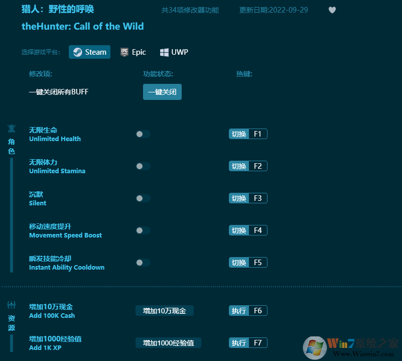 獵人荒野的呼喚34項(xiàng)修改器 Steam,Epic,UWP通用版