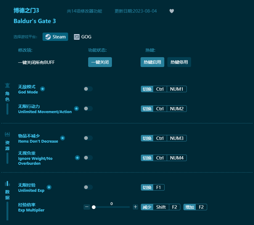 博德之門(mén)3十四項(xiàng)修改器 v2023最新版